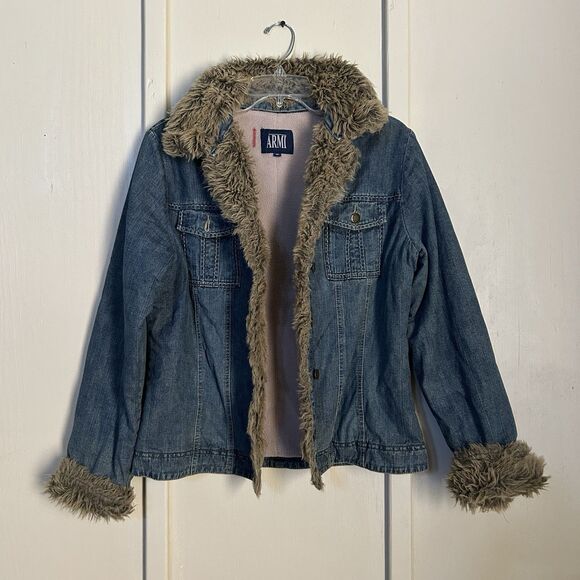 Armi Womens Jacket Medium Blue Fur Trim 100% Cotton Denim Lined Warm Hippie - Picture 1 of 9